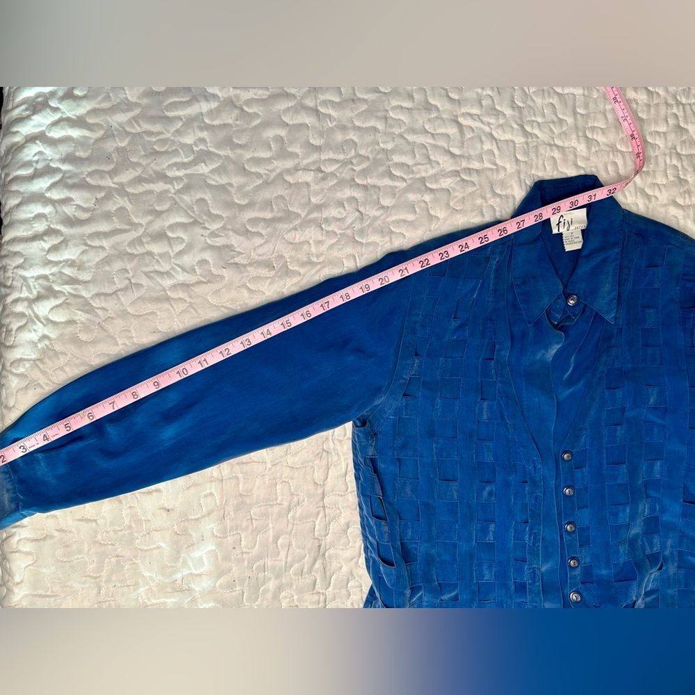Vintage 90s Fiji Petite Silk Loungewear Set 2-Piece Blue Drawstring Pants S/XS - Picture 12 of 16